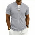 thumbnail image 2 of Mens Zip Up Short Sleeve Shirt Stand Collar Textured Waffle Pattern Summer Breathable Sporty Tops Side Pockets Gray 2XL, 2 of 4