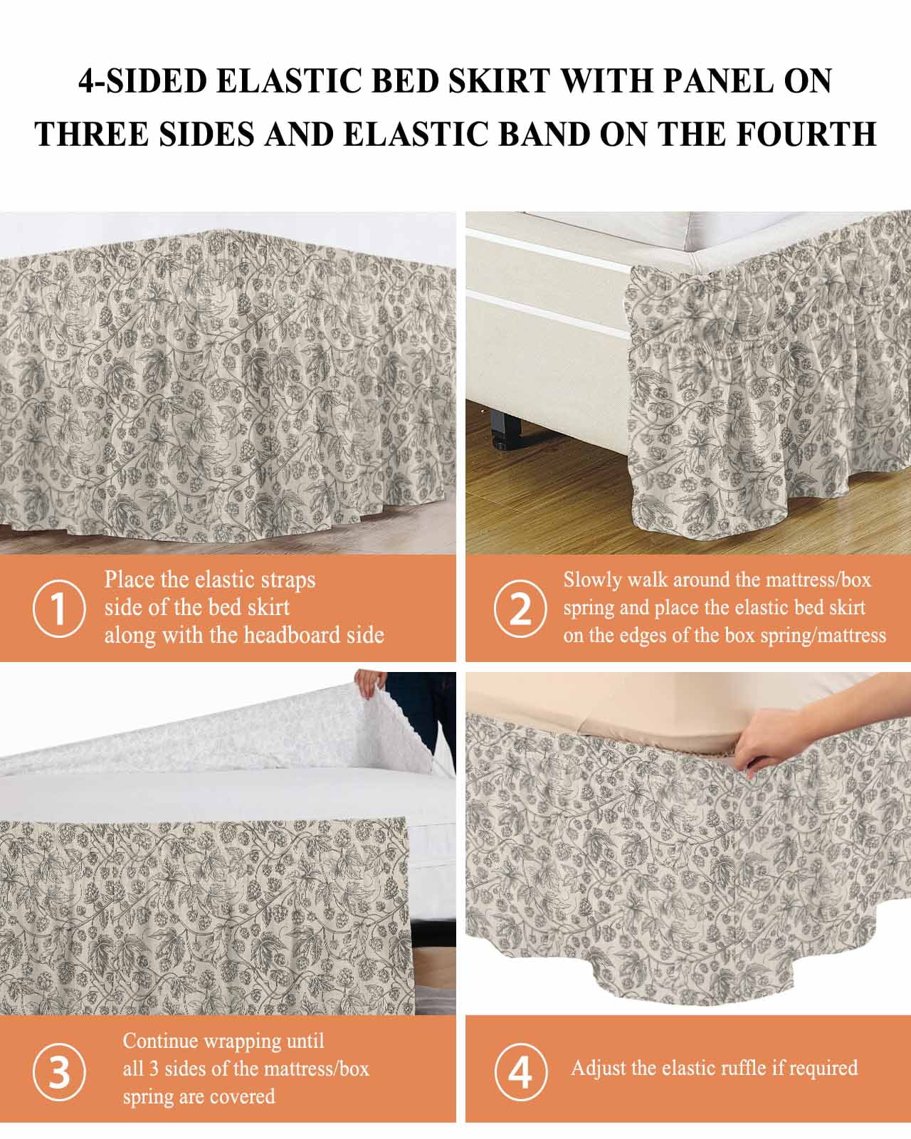 Vintage Plants Flowers Bed Skirt Queen Size 18 Inch Drop, Floral Thread Texture Adjustable Elastic Dust Ruffles Bedskirt for Queen Bed Wrap Around Pleated Mattress Frame Cover