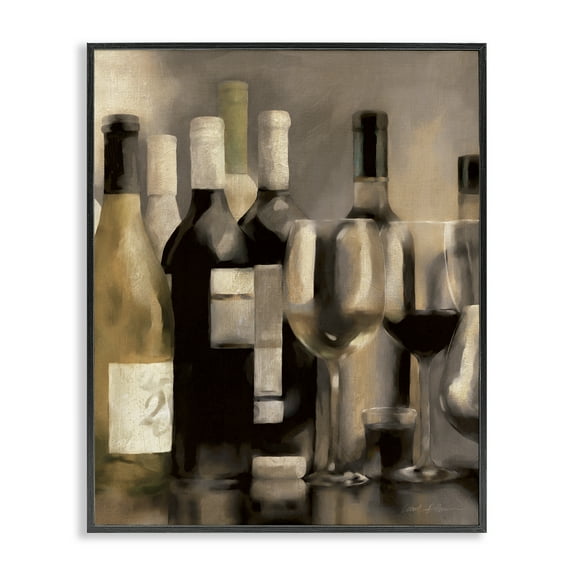 Stupell Industries Wine Bottles on Bar Food & Beverage Painting Black Framed Art Print Wall Art, 11 x 14