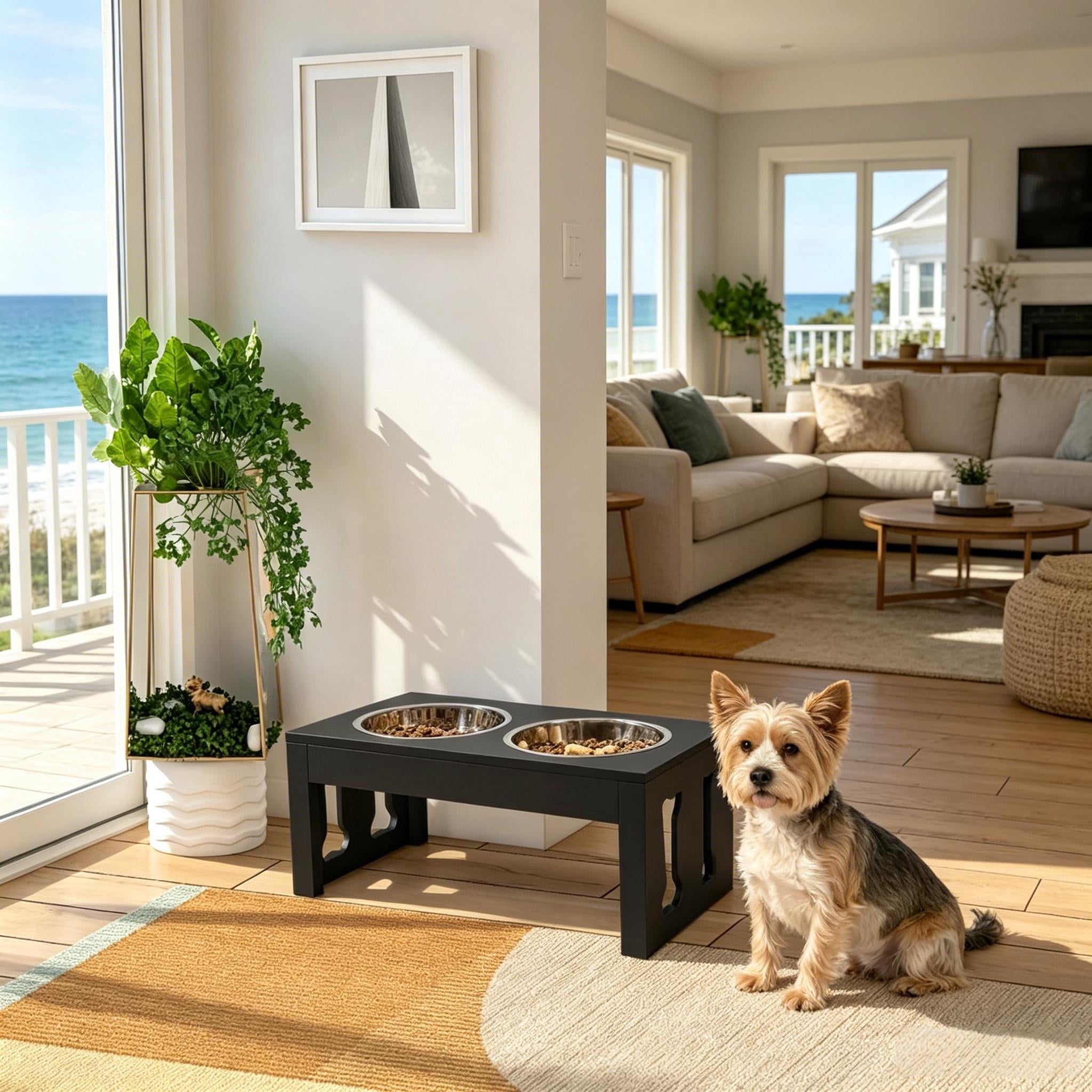 Black Elevated Double Bowls Pet Feeder, Raised Dog Feeding Station with Removable Stainless Steel Bowls, Water-Resistant MDF Frame & Non-Slip Base for Medium Sized Dogs