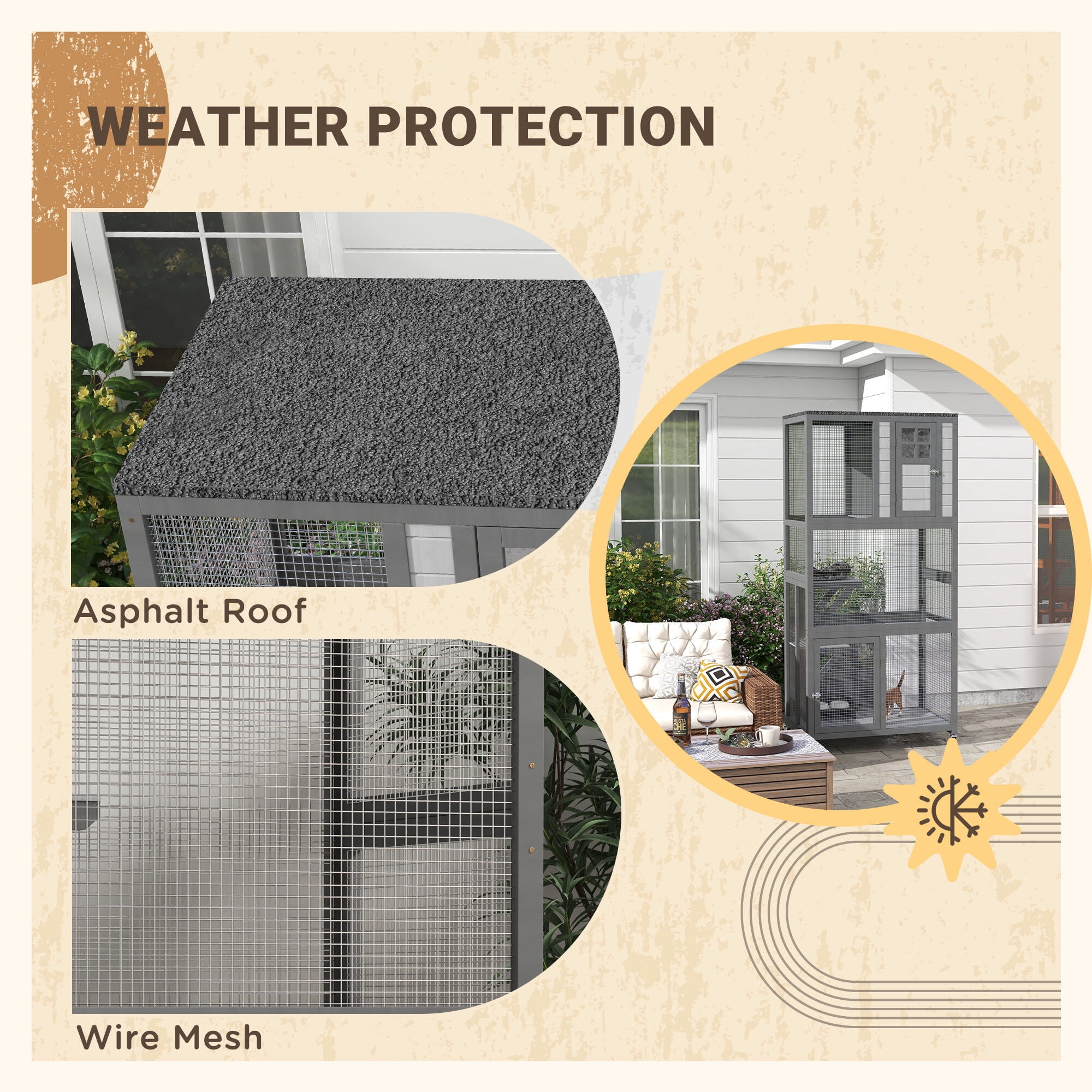 Dog Crate, PawHut 74" Wooden Catio Outdoor Cat House Weatherproof & Wheeled, Outside Cat Enclosure with High Weight Capacity, Kitten Cage Condo, Light Gray, Light Gray Pet Playpen,Steel Chicken Coop