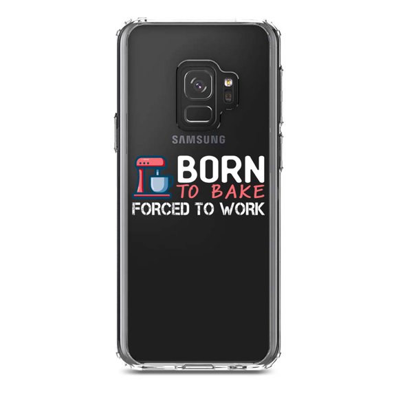 DistinctInk Clear Shockproof Hybrid Case for Samsung Galaxy S9 (5.8" Screen) - TPU Bumper Acrylic Back Tempered Glass Screen Protector - Born to Bake Forced to Work