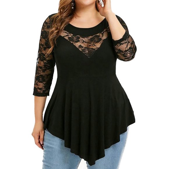 KVMeteor Women's Plus Size See Through Lace Irregular Blouse Tops