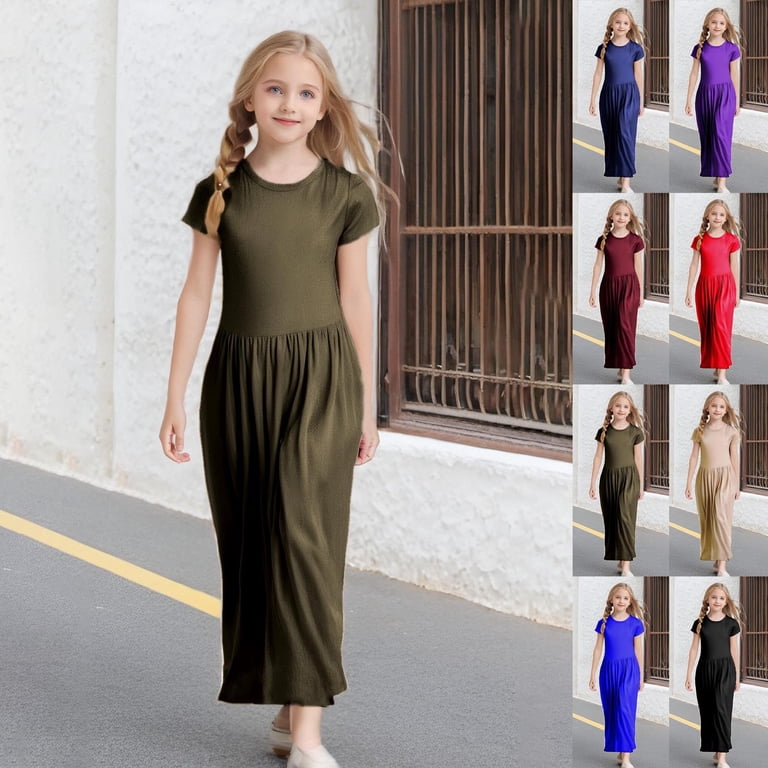 Fhsagq Dress Graduation Easter Dresses for Girls 10-12 Blue Girl's Short Sleeve Solid Color Loose Casual Long Maxi Dress with Pockets Girls Easter