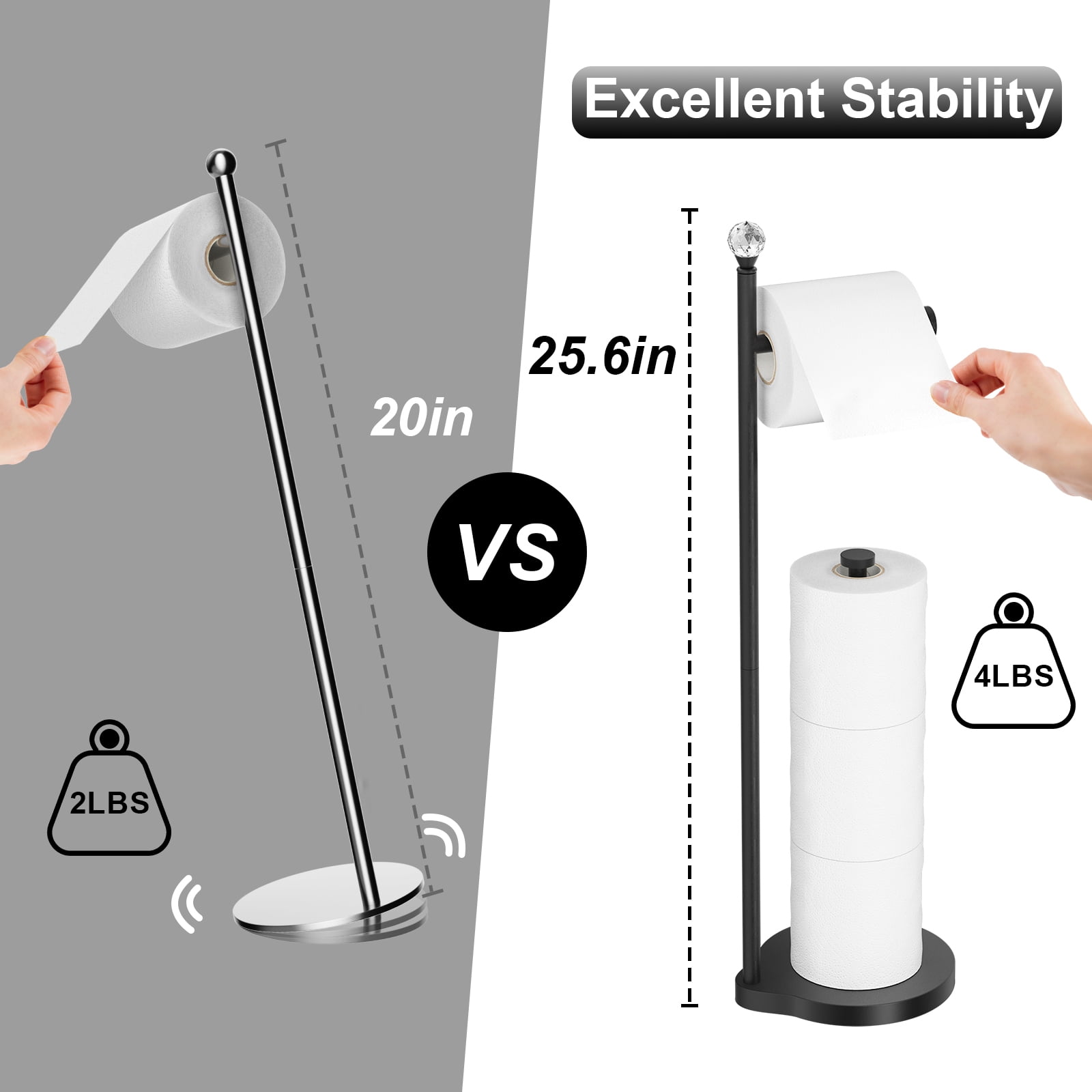 KASUNTO Toilet Paper Holder for Bathroom, Heavy Weighted Metal Free Standing Toilet Paper Storage with Crystal Ball, Toilet Paper Stand for Bathroom Accessories, Matte Black [Holds MEGA Rolls]