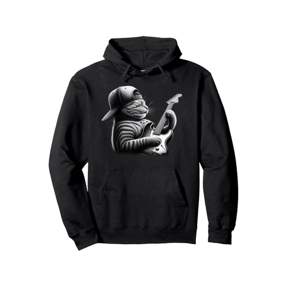 Men'S Funny Rock Music Cat Playing Guitar Graphic Hoodie - 250g Heavyweight Black Pullover Sweatshirt with Cat & Guitar Print, All-Season Casual Wear for Christmas, Valentine'S Day, New Year Parties