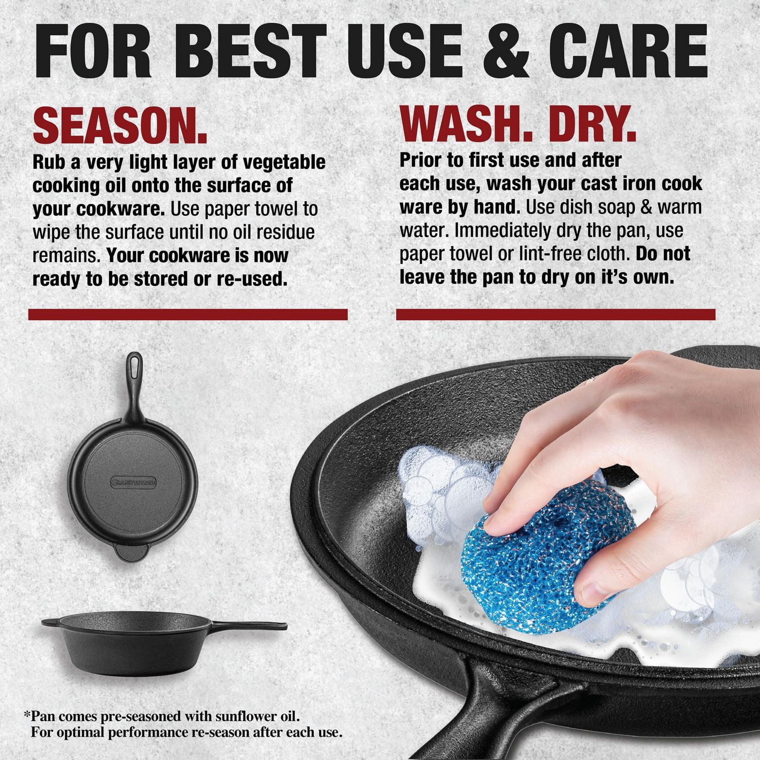 Granitestone Ensemble de Cuisson 2-en-1 en Fonte – Poêlon Robuste de 3 L Pré-assaisonné avec Couvercle Poêle de 10 po