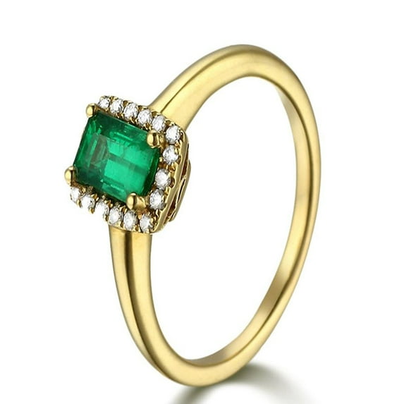 Affordable 1 Carat Emerald and Diamond Halo Engagement Ring in Yellow Gold