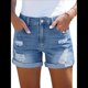 thumbnail image 2 of Shorts Vaqueros Desgastados de Tiro Medio-Alto para Mujer, con Bolsillos y Dobladillo Doblado, Informales, de Verano Azul L, 2 of 7