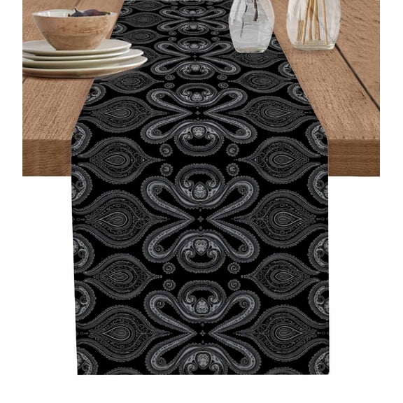 Black Geometric Table Runner 108 Inches, Modern Abstract Flower Bed Runner Dresser Scarves Tabletop for Indoor Outdoor Parties/Ceremony/Banquet, 13"x 108"