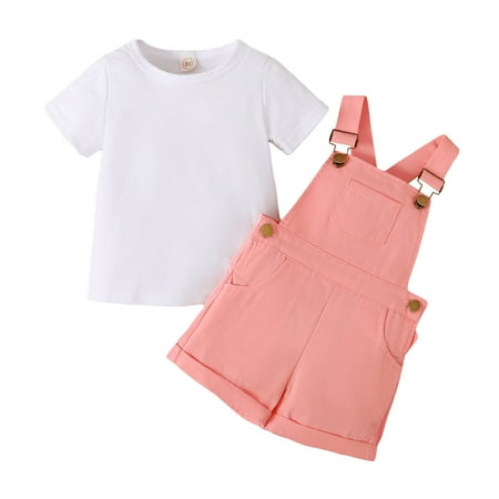 

ZHUASHUM Toddler Girls Short Sleeve Solid T Shirt Tops Overalls Shorts With Pocket Suspender Trousers Outfits