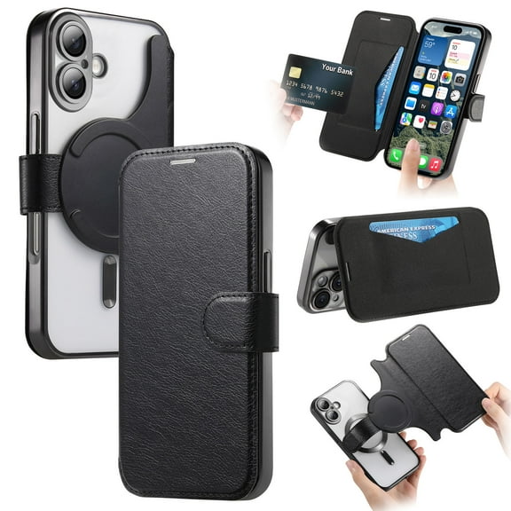 ELEHOLD Case for iPhone 16 Plus,2 in 1 Detachabl Wallet Plating Clear Case with Card Holder[Compatible with MagSafe Accessories],Black