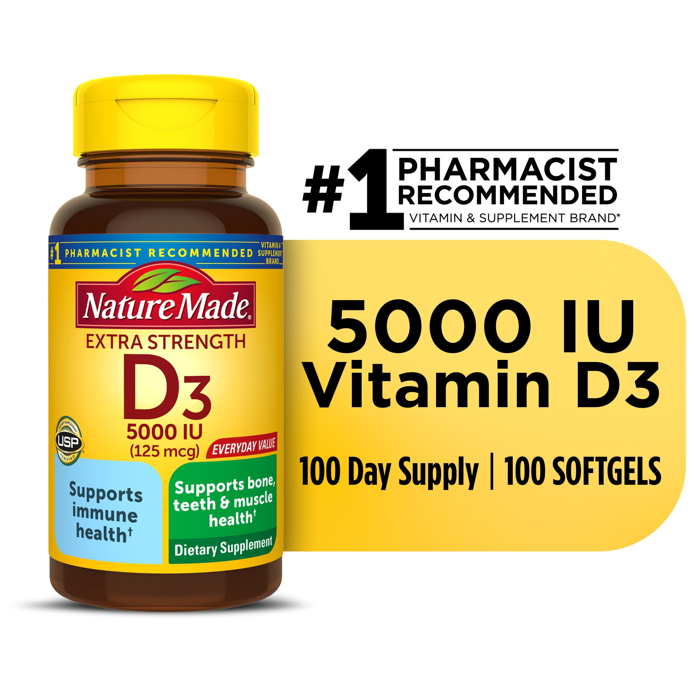 Nature Made Vitamin D 5000 IU Extra Strength Softgels, Immune Support, Dietary Supplements, 100 Count