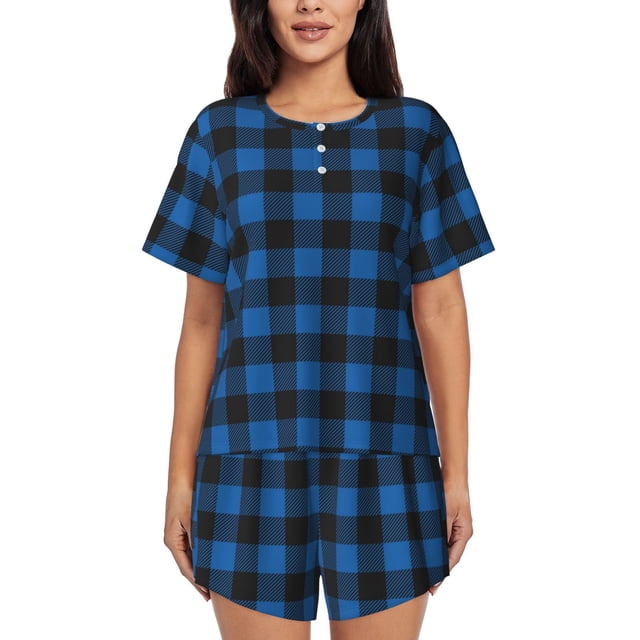 Fotbe Blue Black Plaid Conjunto de Pijama Estampado para Mujer, 2 Piezas, Ropa de Dormir con Camiseta de Manga Corta y Shorts Suaves-4X-Large