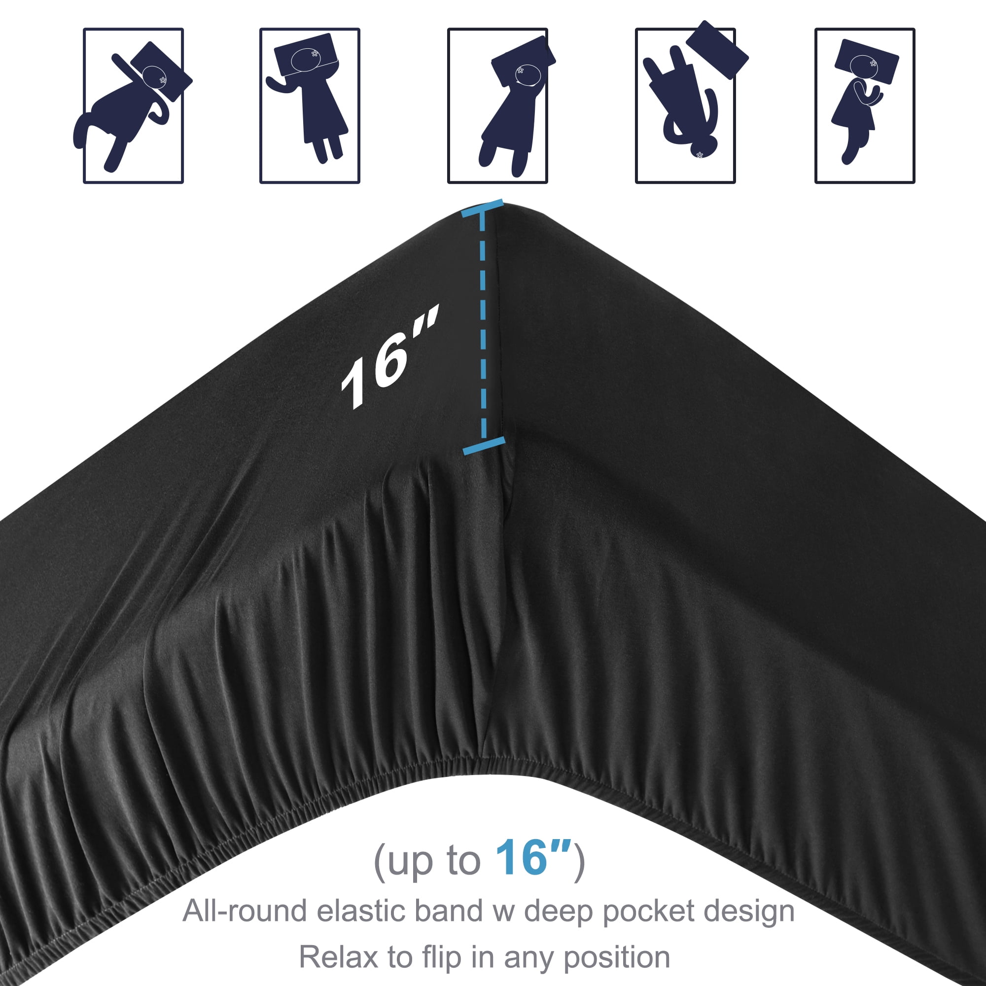 Unique Bargains Soft 190GSM Queen 16 Inch Deep Pocket Fitted Sheets Black Twin