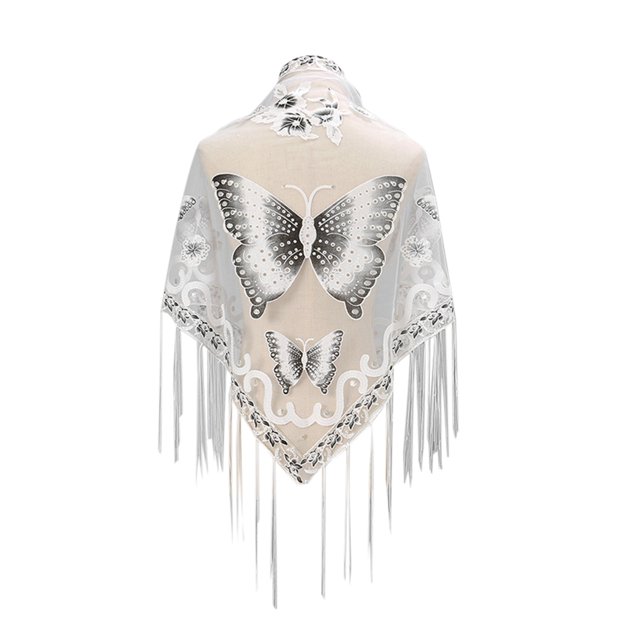 YOUSNH Ladies Fashion Solid Color Scarf with Fringe Hollowed Lace Butterfly Embroidered Triangle Cape Shawls and Wraps for Evening Dresses White One Size