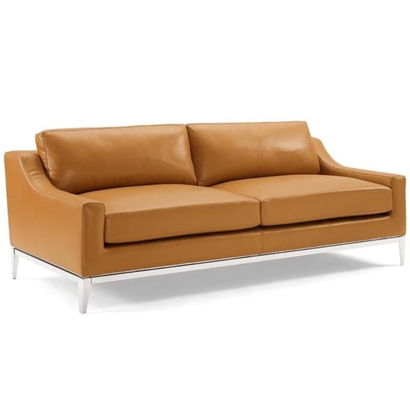 Maklaine 83.5" Modern Stainless Steel and Leather Sofa in Tan