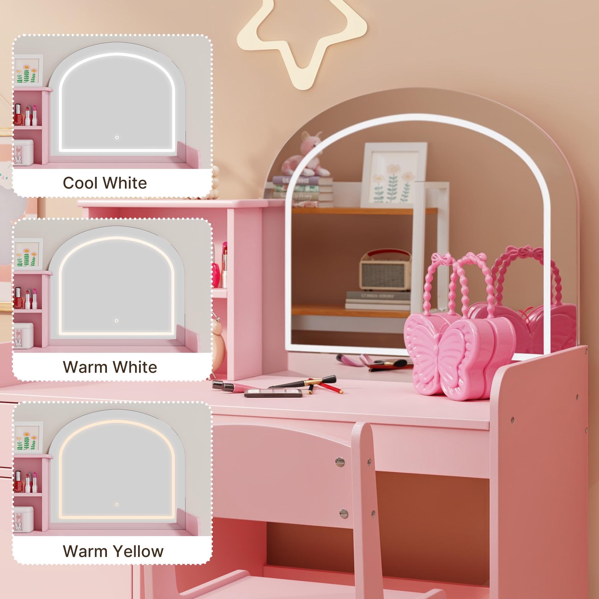Kids Vanity Table and Chair Set with 2-Tier Open Shelves and Drawer, Noelse Pink Vanity Set with Mirror and Lights for Pretend Play, Girls Vanity Desk for Bedroom