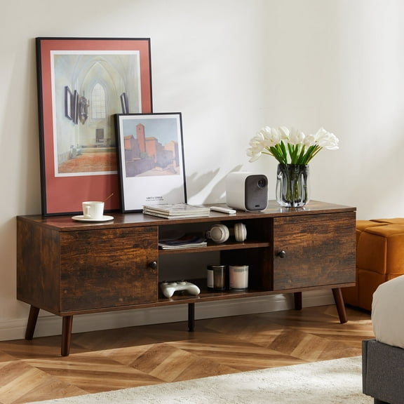 MCQ 55"-60" TV Stand, Modern Mid Century Entertainment Center with Storage Cabinet, Media Console Table, Rustic Brown