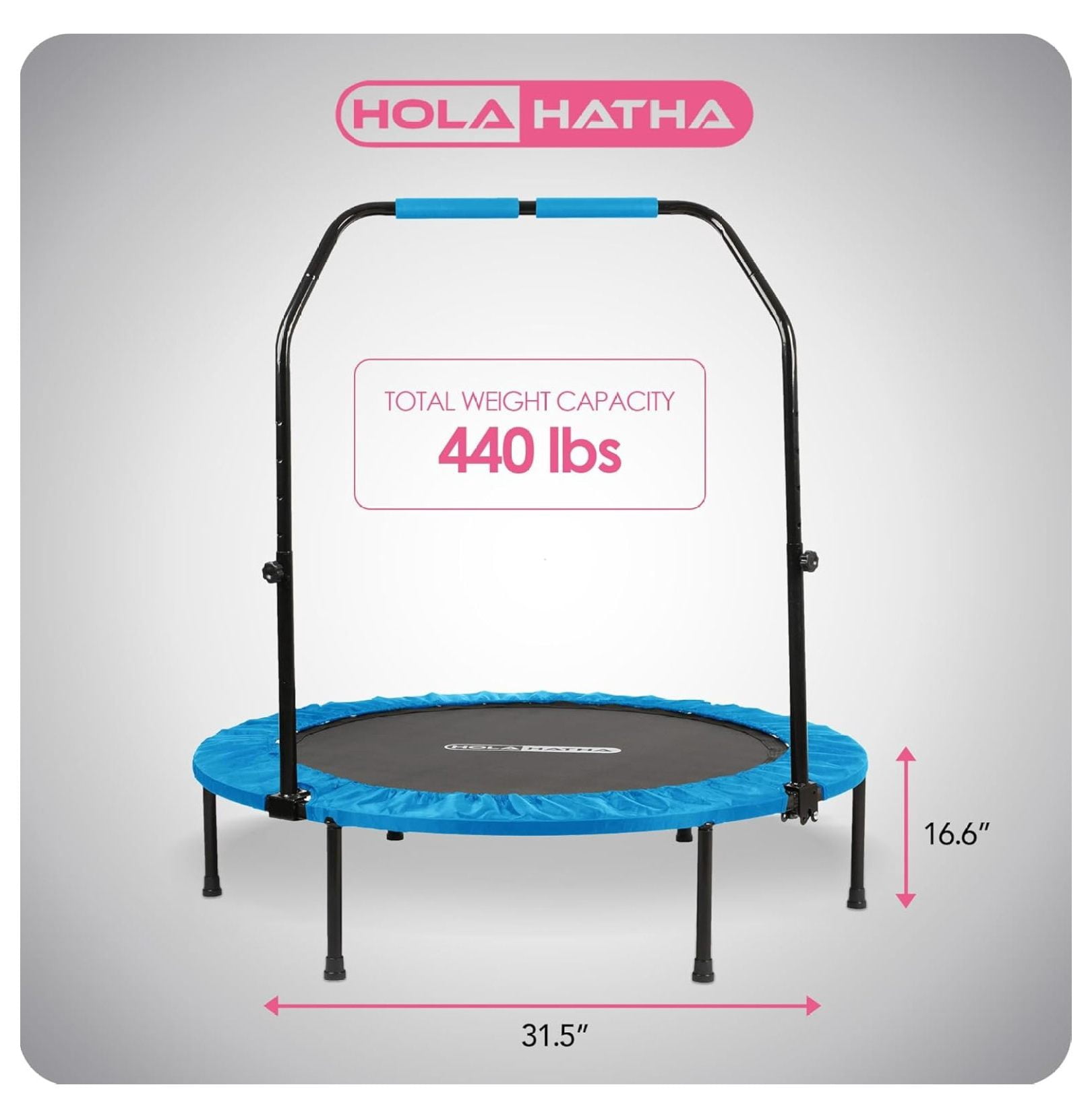 Foldable Mini Trampoline Home Gym Fitness Rebounder with 5 Level Adjustable Handle, Supportive 440 lb Capacity Workout Equipment, 40", Blue
