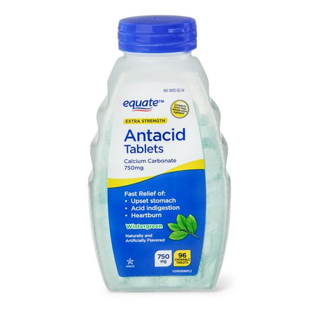 Equate Extra Strength Antacid Chewable Wintergreen Tablets, Upset Stomach, over the Counter, 750 mg, 96 Ct