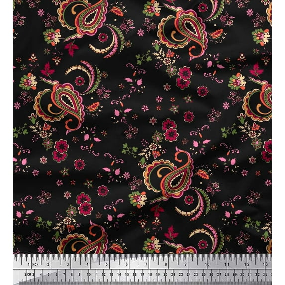 Soimoi Black Japan Crepe Satin Fabric Floral & Paisley Print Fabric by the Yard 42 Inch Wide