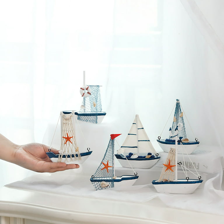 KYAIGUO Wooden Sailboat Model Decoration Blue and White Small Wooden Boat  Model Desktop Ornaments 