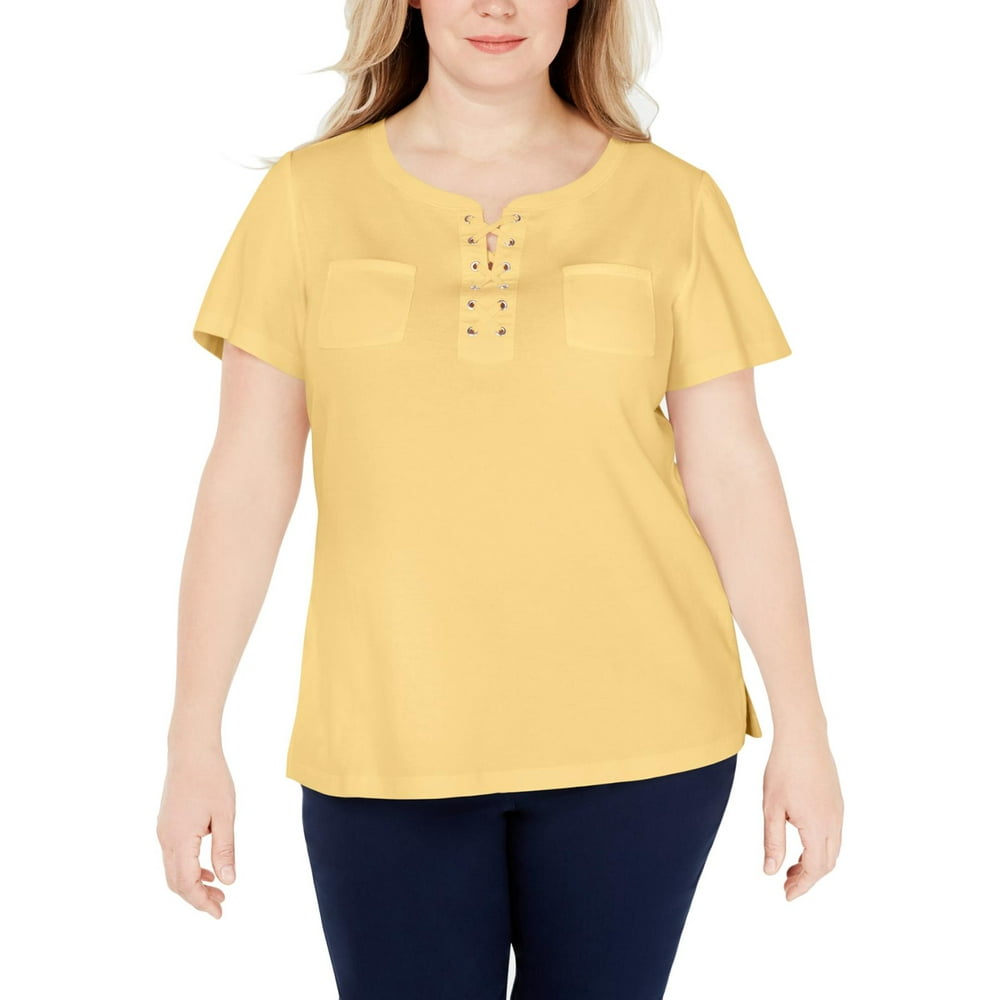 Karen Scott - Karen Scott Womens Plus Lace-Up Short Sleeve T-Shirt 