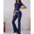 thumbnail image 6 of Solid Color Slim Fit Short Sleeve Trousers Suit Navy Blue XL, 6 of 8