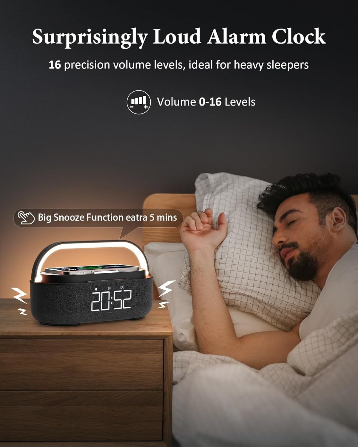 FreeFish Bluetooth Speaker Alarm Clock with Wireless Charger, LED Night Light, 2500mAh Battery - For Bedroom, Home + 18W Adapter Black