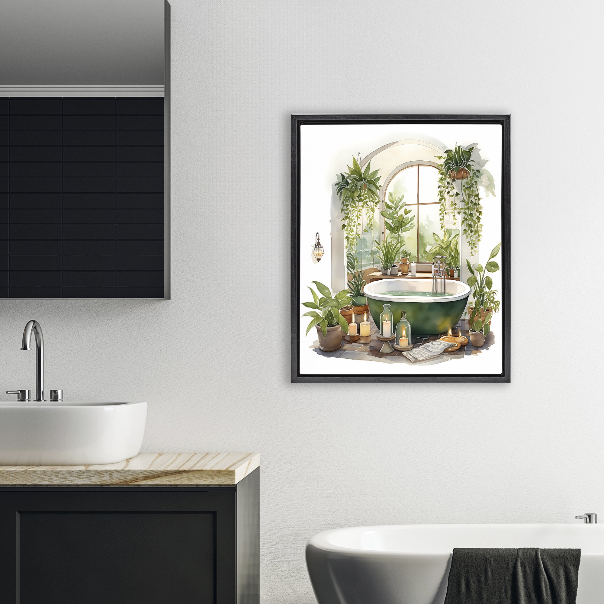 Tranquil Tub with Candles & Greenery Black Framed Floater Canvas Wall Art, design by Lettered and Lined
