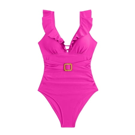 Clearance! Yajing Tankini Swimsuits for Women Womens Holidays Summer V Neck Solid Casual Swimsuit Bikini Xl Pink