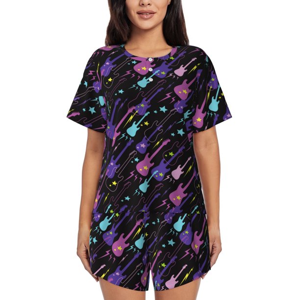 Balery Colorful Guitar Conjunto de Pijama para Mujer con Estampado, Dos Piezas de Manga Corta y Shorts, Ropa de Dormir Suave con Cuello Redondo y Bolsillos-Medium