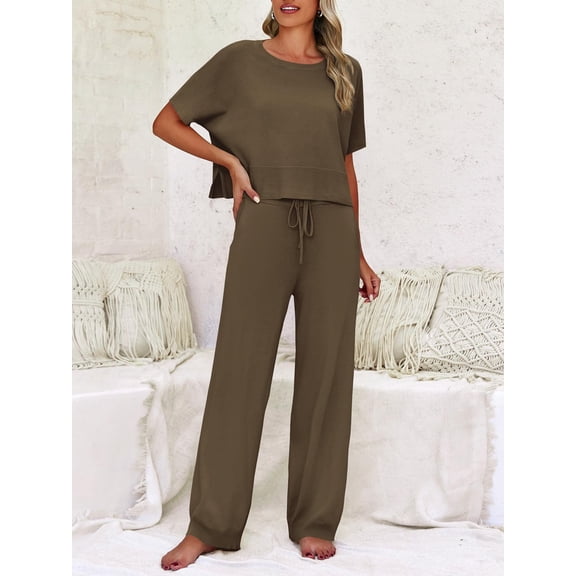 Women Knit 2 Piece Outfit Short Sleeve Crop Top Wide Leg Pants Loungewear Set