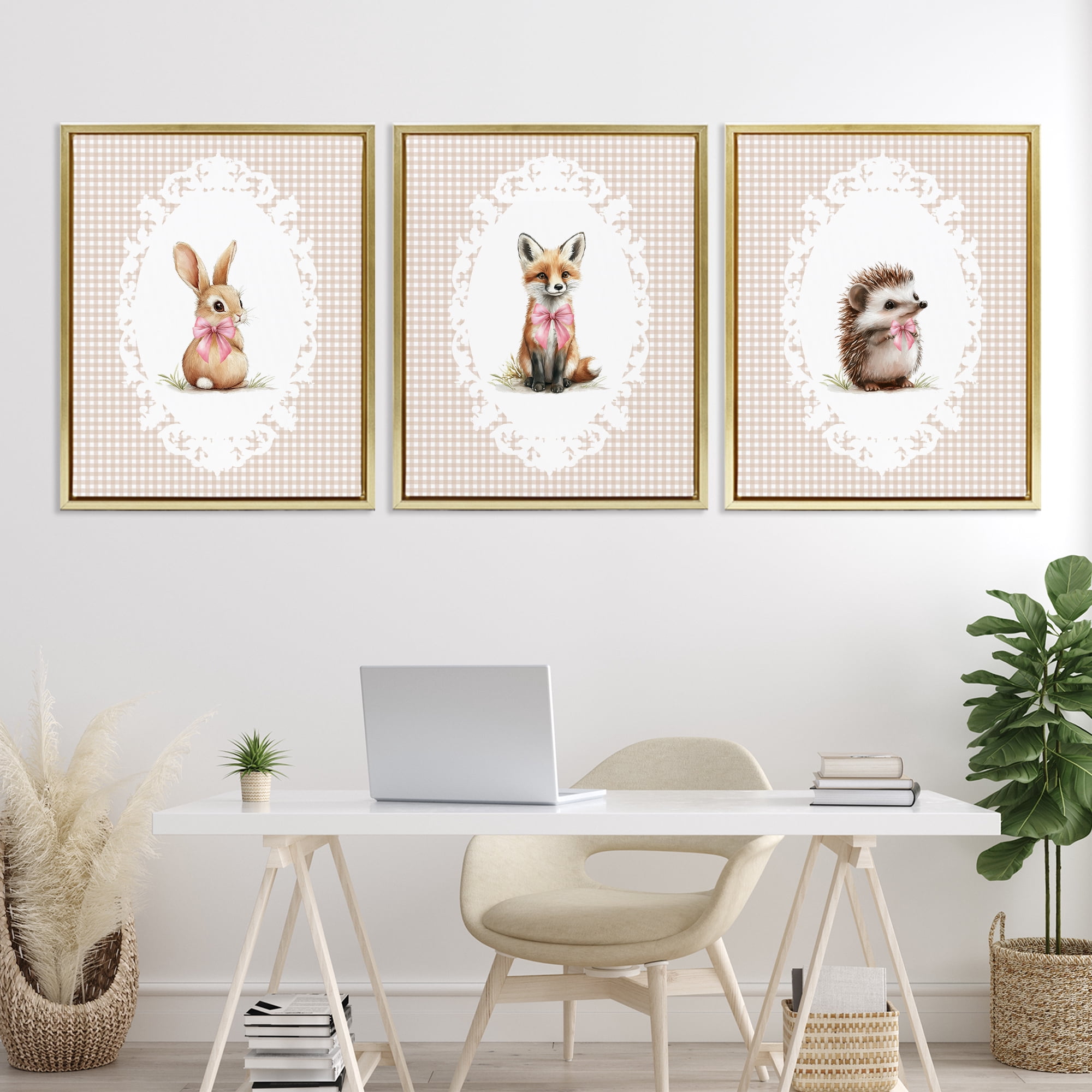 Stupell Industries Vintage Baby Bow Animals 3 Piece Gold Framed Floater Canvas Set, design by Christine Simpson Art