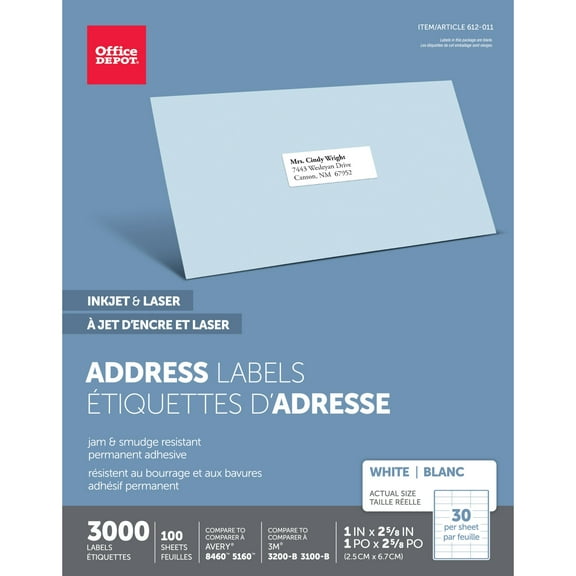 Office Depot White Inkjet/Laser Address Labels, 1in. x 2 5/8in., Box Of 3,000, 505-O004-0004