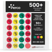 Perco Garage Sale Price Stickers - 500 Pre-priced & 50 Blank Stickers - Easy-to-Read Price Tags for Effective and Attractive Pricing – Ideal for Yard Sales, Flea Markets, County Fairs & Retail Use