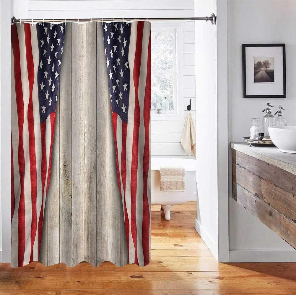 American Flag Shower Curtain, Patriotic Stars and Stripes Fourth of July Independence Day Country Wooden Board Rustic Farmhouse Bathroom Decor, Waterproof Fabric Shower Curtain, 72 X 72 Inch