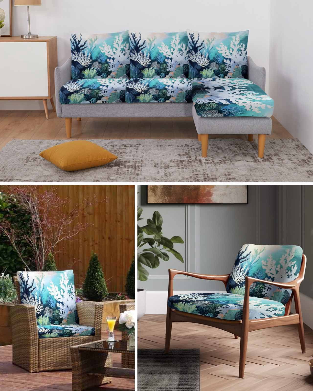 Coastal Ocean Couch Cushion Covers Stretch, Washable Sofa Seat Covers Individual Seat Cushion Sofa Slipcovers Summer Vintage Colorful Coral Couch Cover Furniture Protector S-1PCS