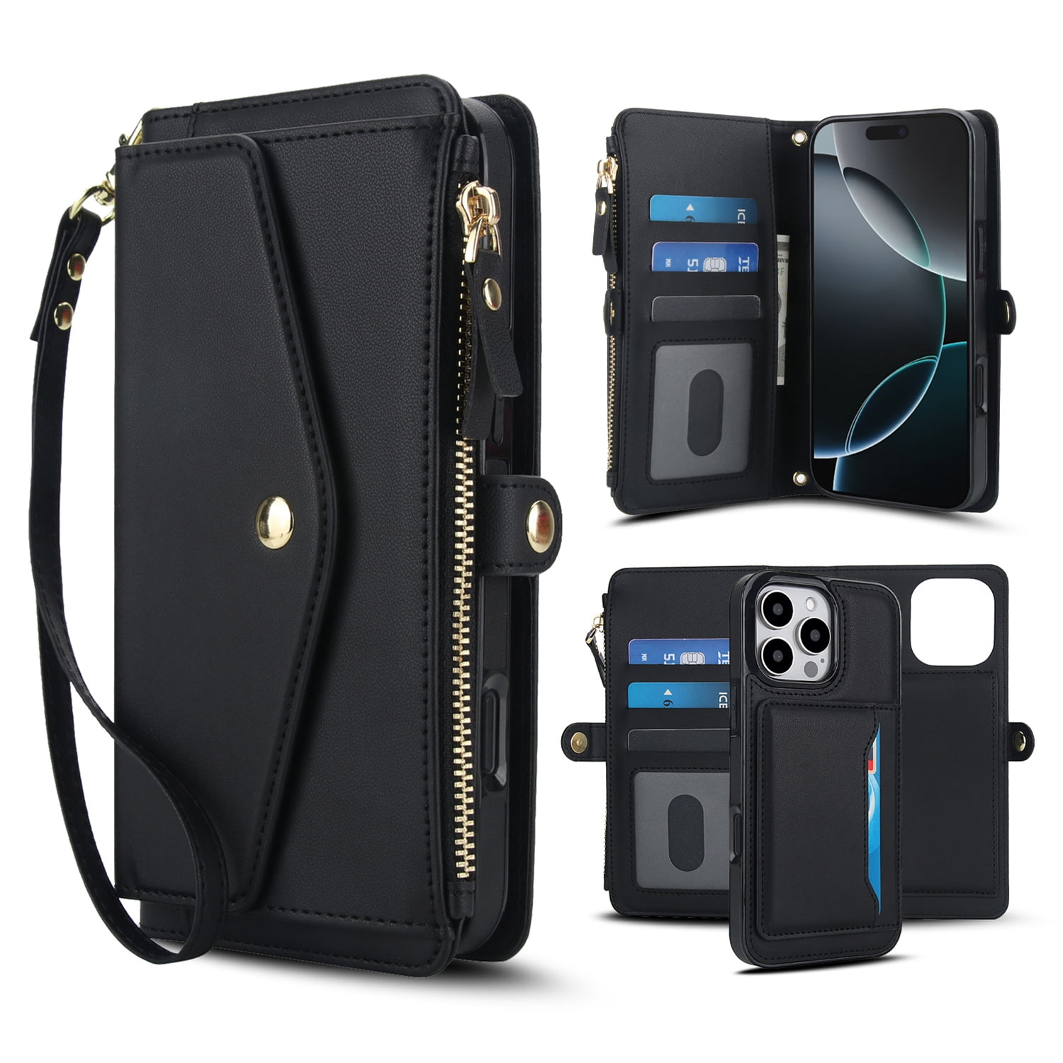 Decase 2-in-1 Detachable Magnetic Wallet Case Compatible with iPhone 16, Shockproof PU Leather Flip Cover with Card Slots, Cash Pocket, Zipper Purse, Crossbody Strap, RFID Blocking,Black