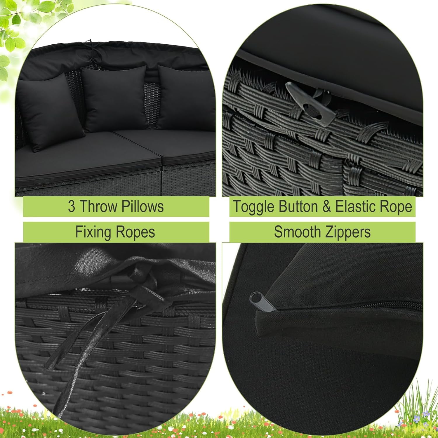 Gymax Patio Outdoor Round Wicker Daybed w/ Separate Seating Sofa, Retractable Canopy, 4 Cushion 3 Pillows Black