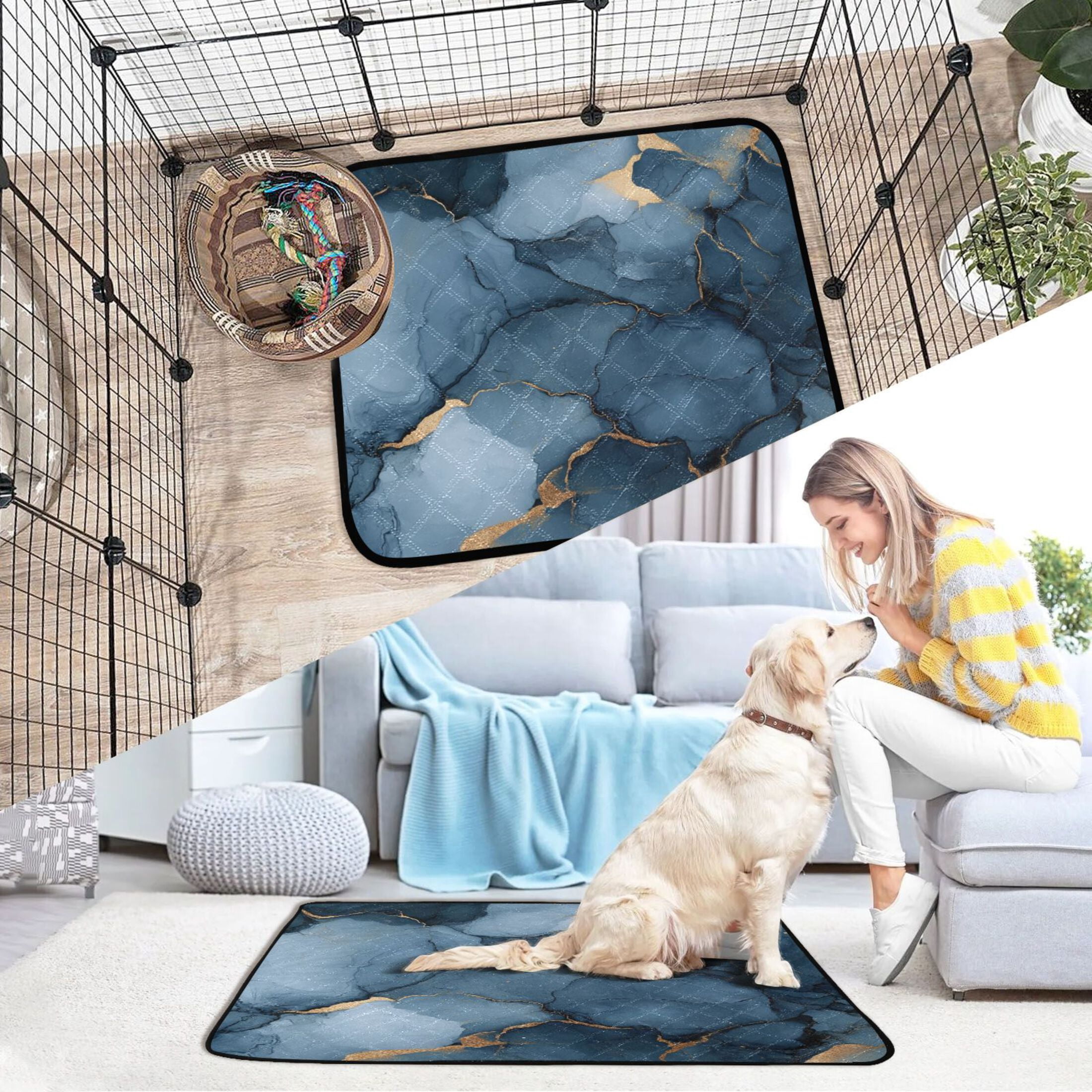 Qxltty Gilt Dark Blue Patterns Cat litter Pads Pet Set of 2 Diaper Mats Center Anti-leakage Layer Absorbent Soft and Comfortable