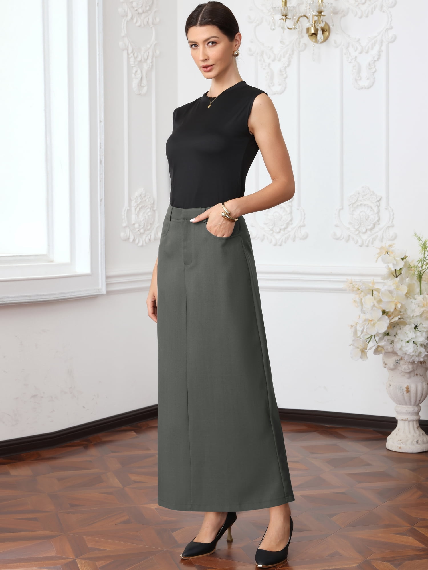 DARING DIVA Women's Pencil Long Skirt High Waist Pockets Midi Skirts X-Large Grey