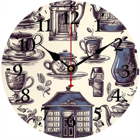 Vintage Teapot Wall Clock 9.84 Inch, Tea Cup Kitchen Decorative Round Analog Clock with Large Numbers, Battery Operated Cafe Dining Room Wall Decor