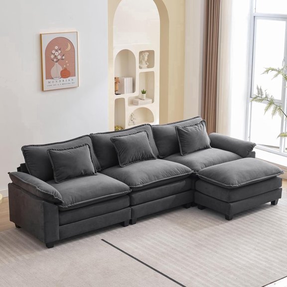 IPKIG L Shape Sofa Comfy Sectional Cloud Couch for Living Room with Pillows, Modern Chenille Sofa Sleeper Deep Couches with Ottoman (Grey, 4-Seat)
