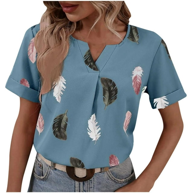 Birdeem Womens V- Neck V-Neck Feather Printed Short Sleeved Loose Fitting T-Shirt for Top