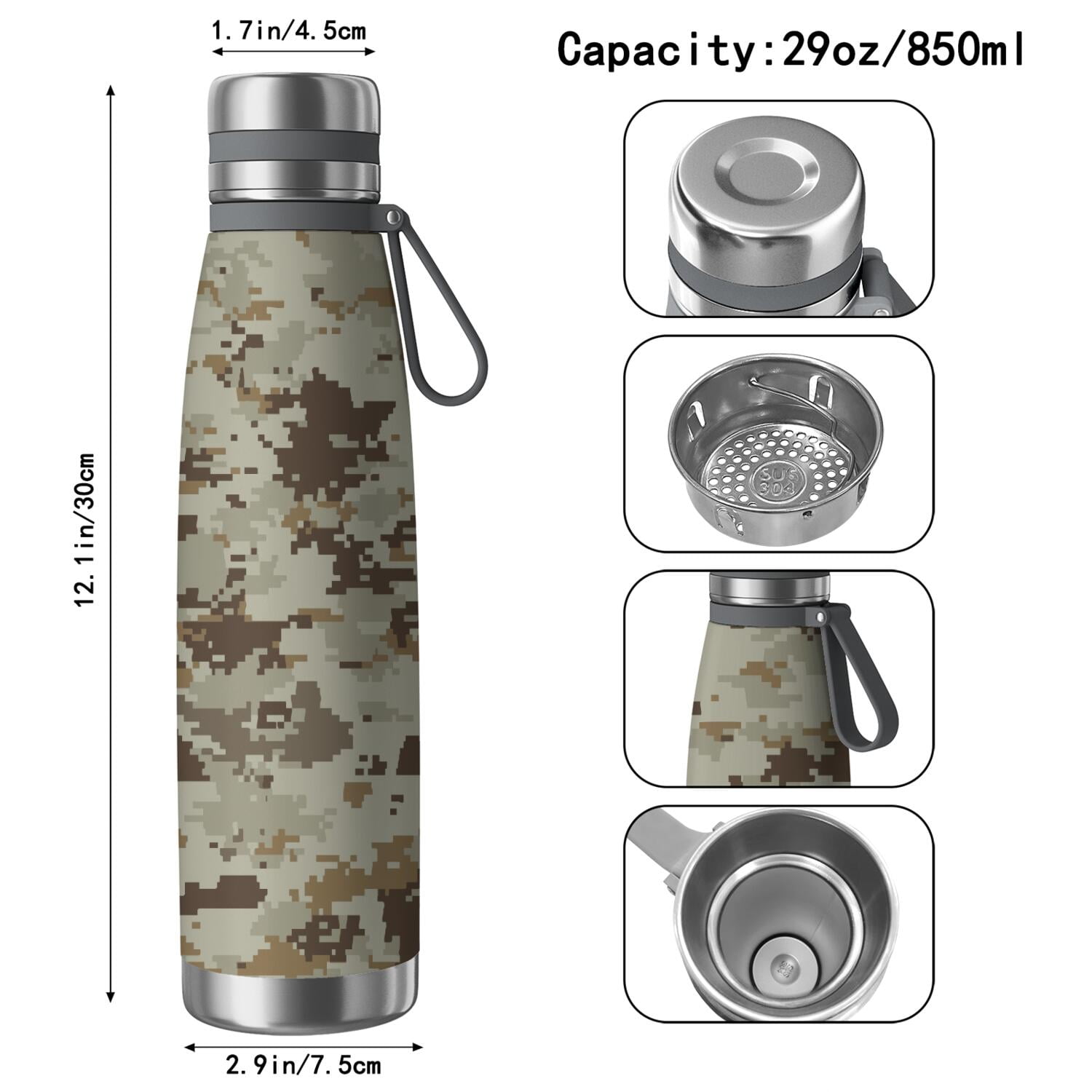 29oz Insulated Water Bottle with Tea Infuser, Stainless Steel Travel Mug, Camouflage Print
