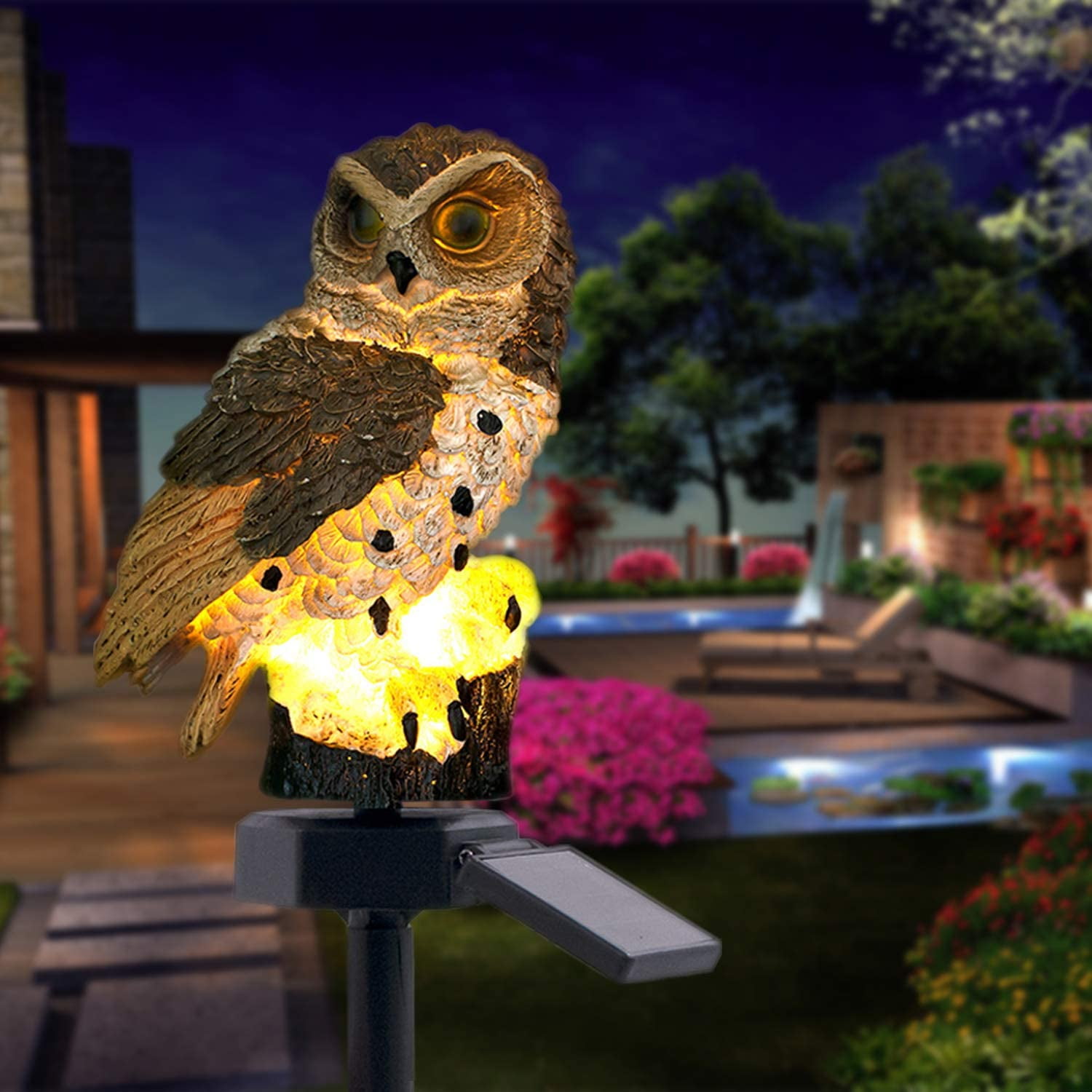 Waterproof Solar Power Garden Light Owl Ornament Outdoor Yard Lawn LED Landscape 