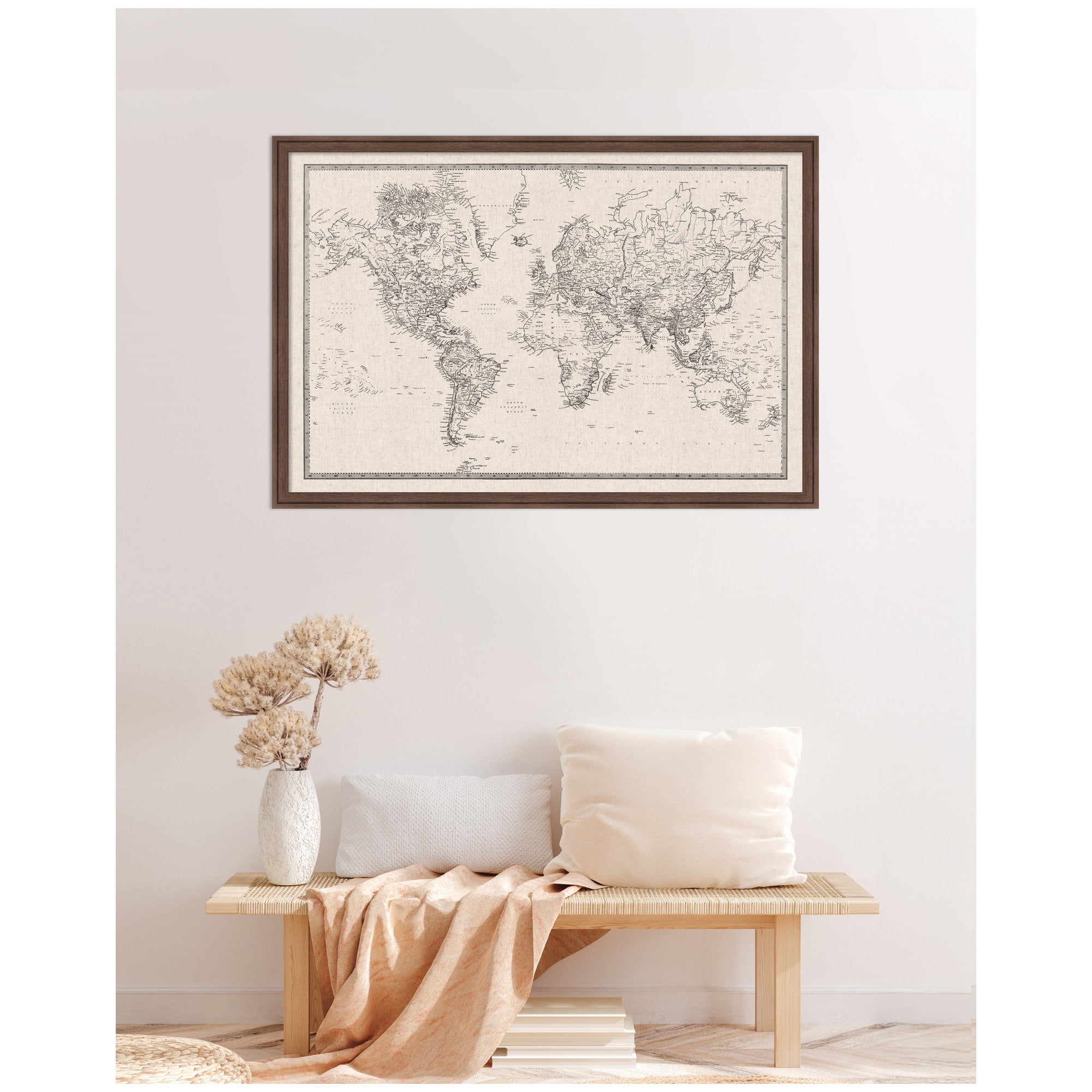 Kate and Laurel Framed Fabric Pinboard 38 x 26, Vintage Black and White Linen World Map Printed Linen Classic Bulletin Board for Use as Wall Organization, Florence Medium Brown Frame