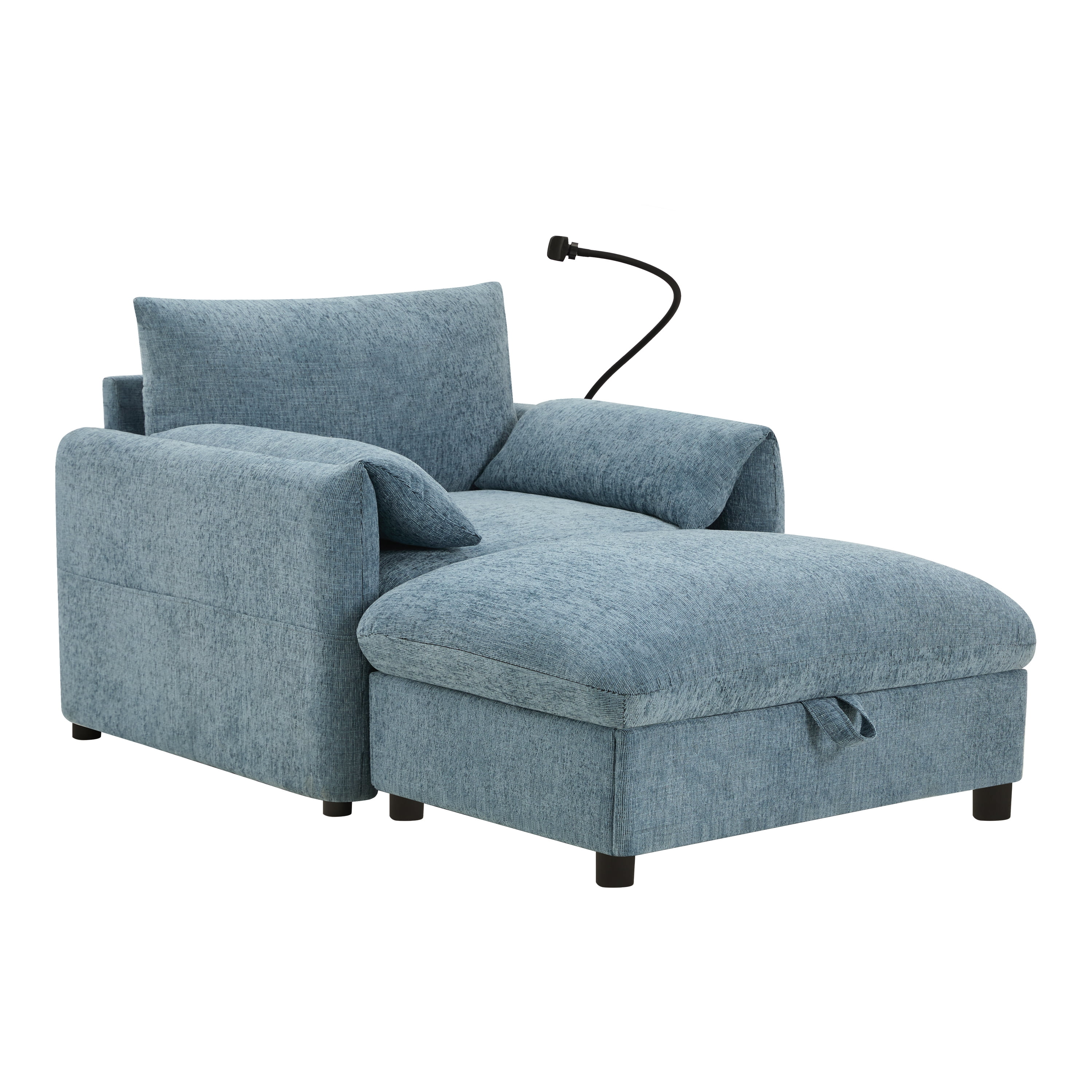 Euroco Accent Chair with Storage Ottoman, Modern Chenille Single Sofa Chair with USB Port,Side Pockets & Adjustable Phone Holder, Cloud Couch with Convertible Chaise for Living Room,Office,Blue